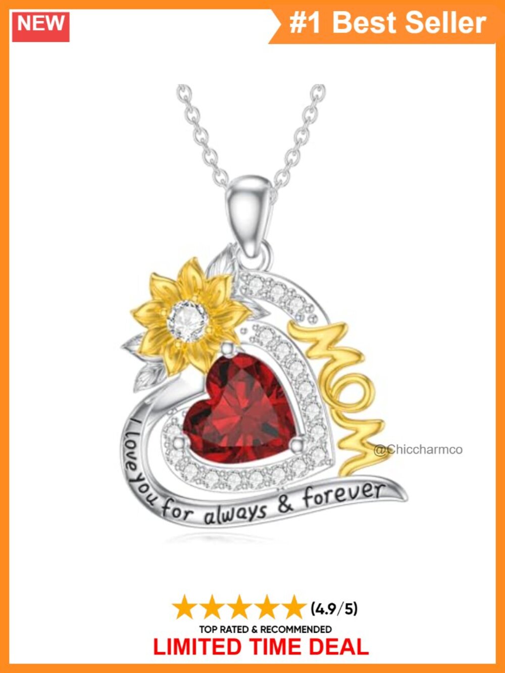 925 Sterling Silver Heart Sunflower Pendant Necklace I Love You Engraved Mom